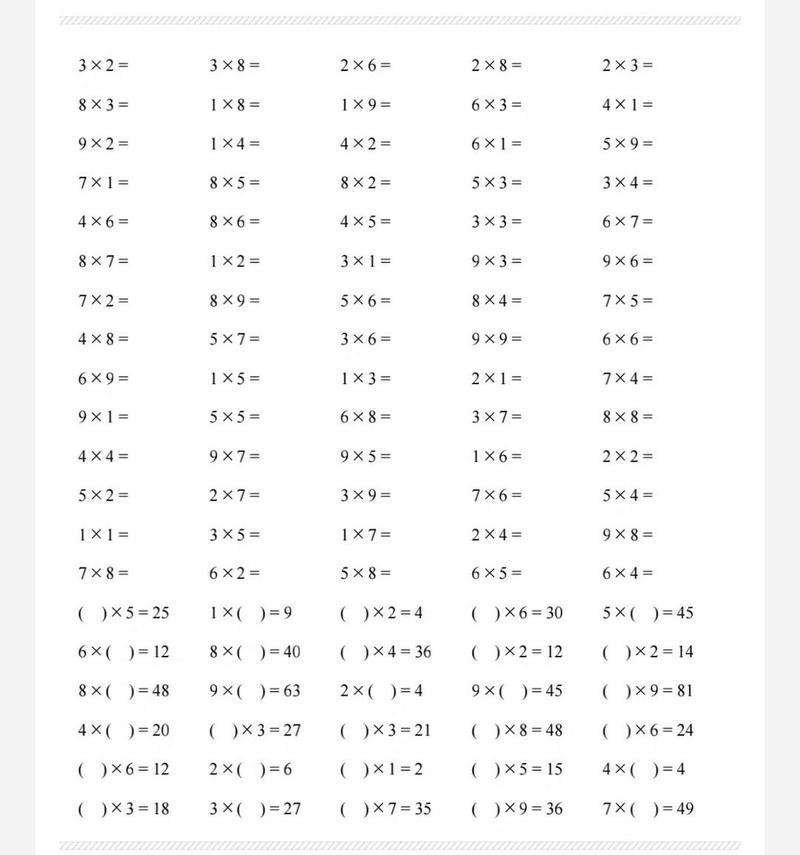 二年级上册数学口算:乘法口诀表